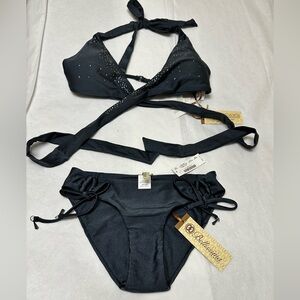 🦋NWT;Bellisima Swimwear Wrap Halter Black Pearl  Swarovski bikini 🩵